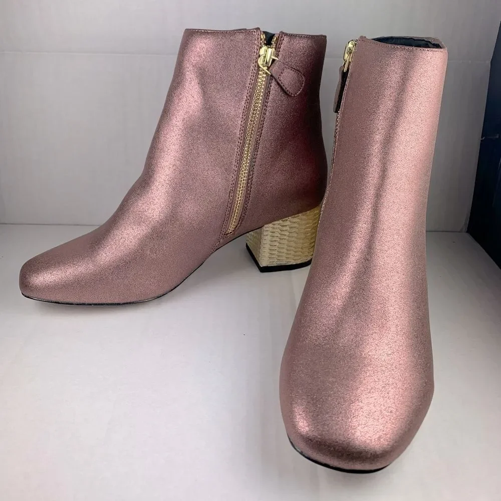 ASOS pink shimmer ankle bootie gold textured gold block heels